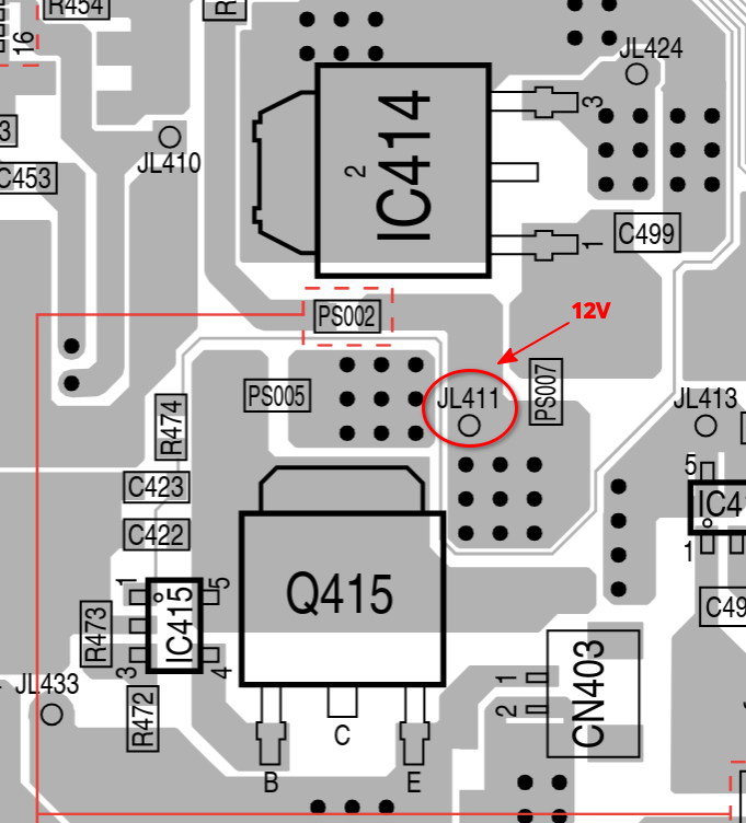 PS2 GH-022 motherboard PCB design showing the location of JL411 with a red circle, arrow, and the text “12v” located near the fan connector