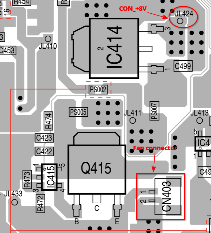PS2 GH-022 moterboard PCB design showing the power rails and fan driver
