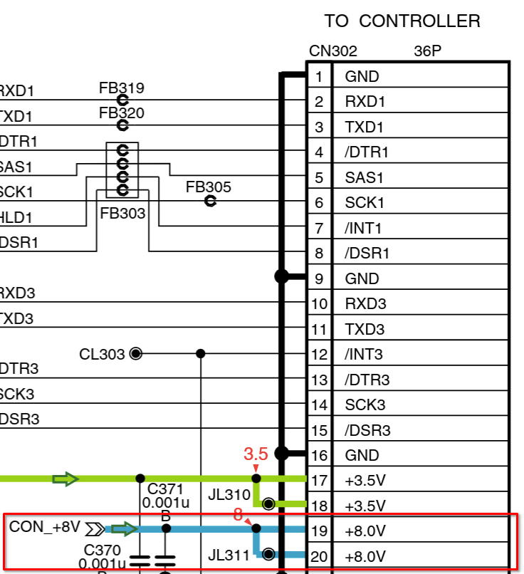 PS2 GH-022 motherboard schematic of the controller board’s connector with 8v power highlighted