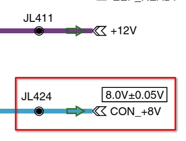 PS2 GH-022 motherboard schematic showing the 8v controller rail with a test point labelled JL424