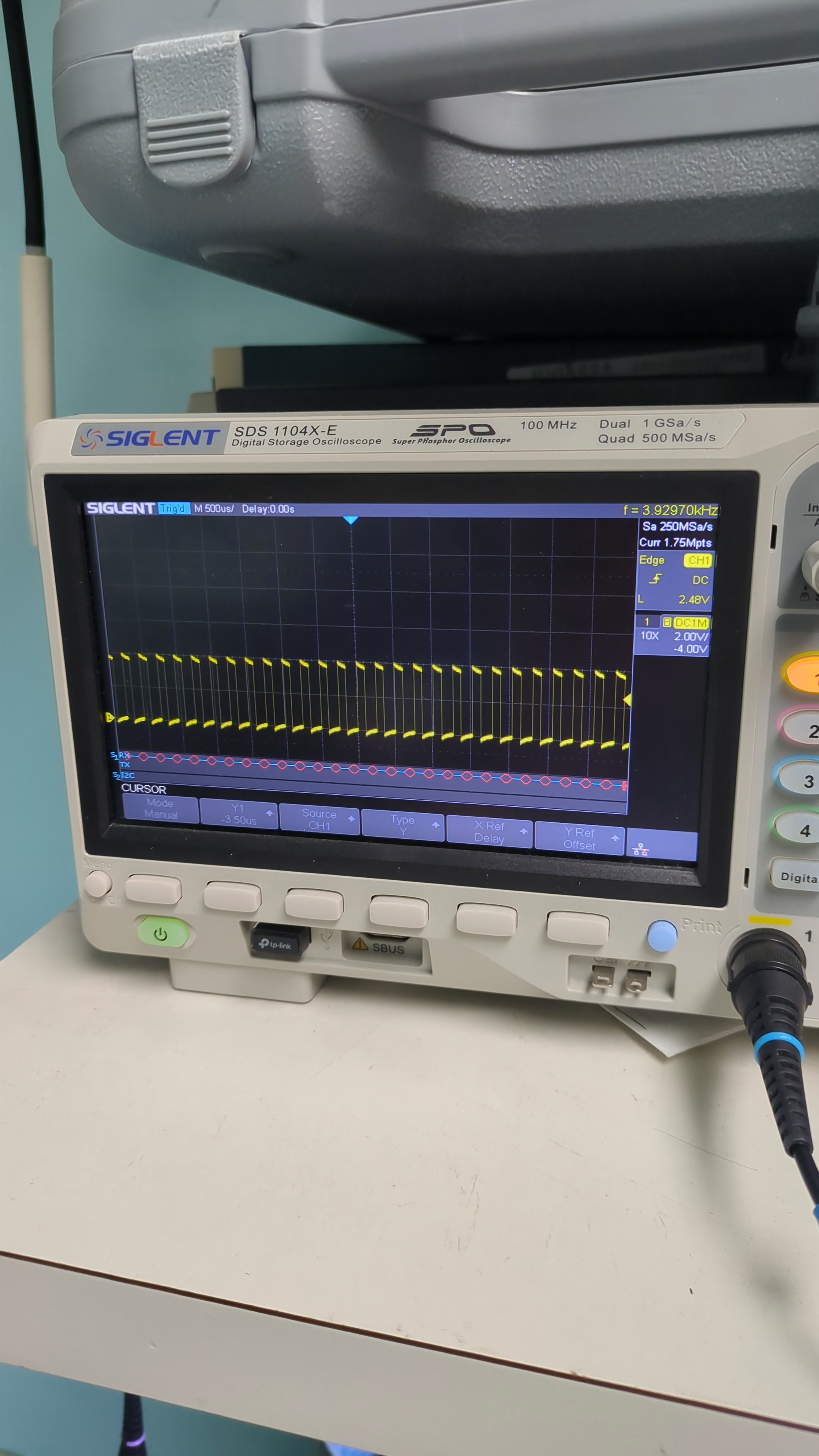 An oscilloscope showing a PWM signal